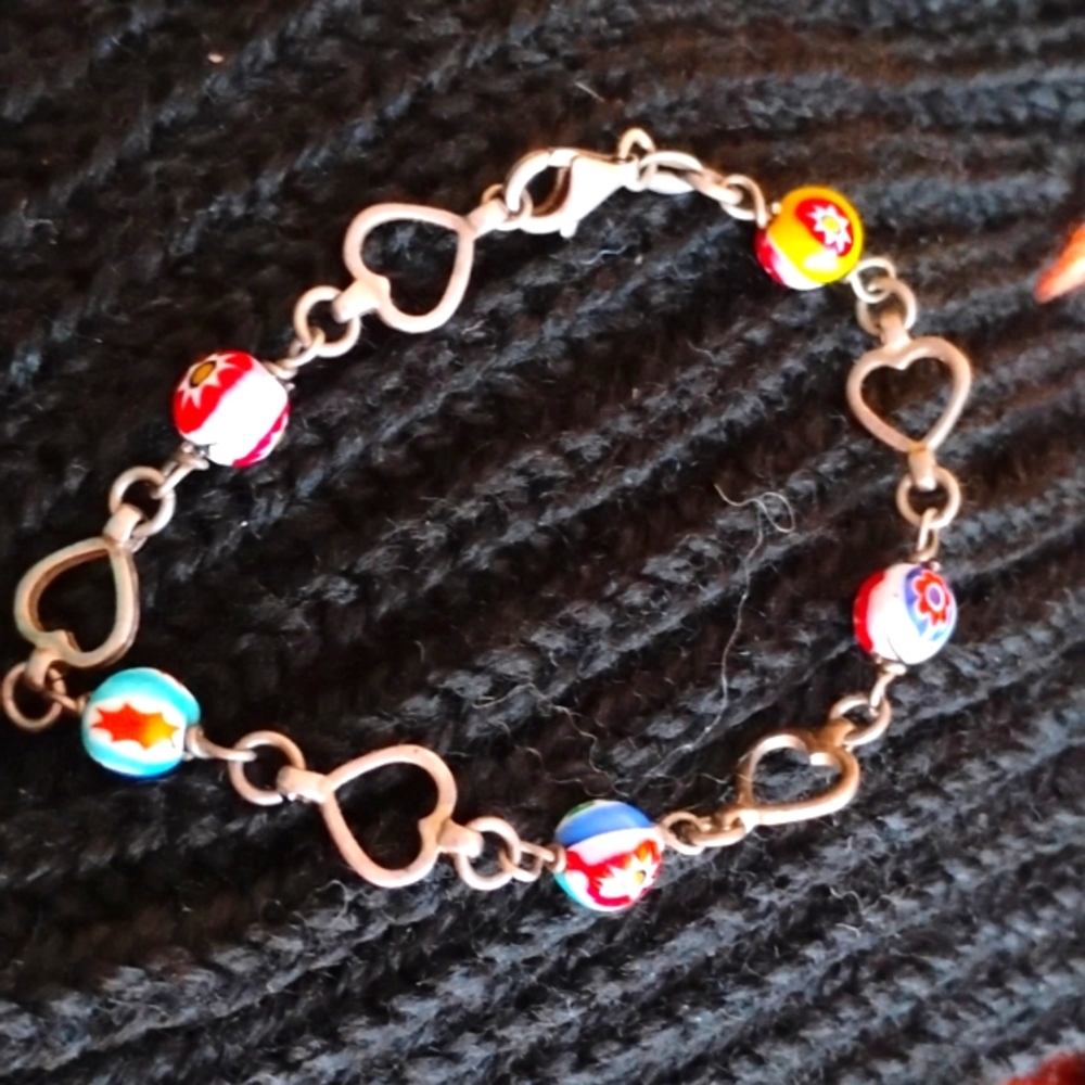 Vintage Italian Glass Beads MOSAIC  BRACELET VINTAGE SILVER